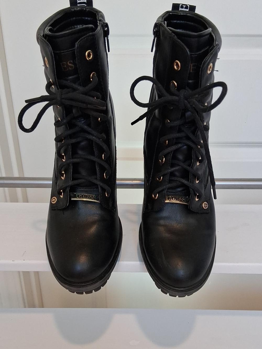 GUESS Black Lace-Up Combat Boots with Gold Hardware
